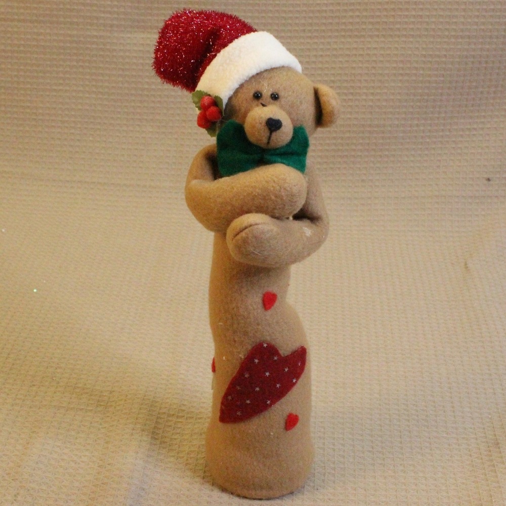 Christmas Plush Teddy Bear 13" Tan Red Heart Santa Hat Rustic Holiday Decor Y2K